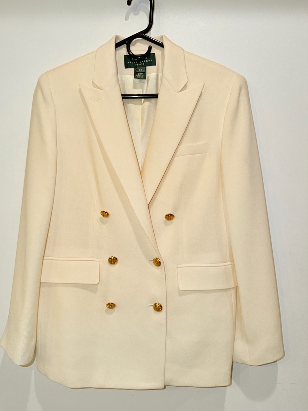Ralph Lauren Ivory Double-Breasted Wool Crepe Blazer with Gold Buttons, Sz 8P